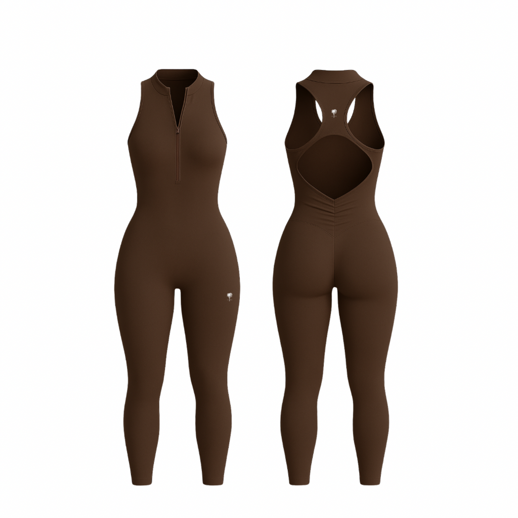 The Palm — SecondSkin Flow Duo in brown. Full-length sculpting jumpsuit with a front zipper and cut-out racerback. Seamless, second-skin finish with ultra-soft compression and 360° stretch. Moves with your body — bold, effortless, and sculpted.
