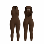 The Palm — SecondSkin Flow Duo in brown. Full-length sculpting jumpsuit with a front zipper and cut-out racerback. Seamless, second-skin finish with ultra-soft compression and 360° stretch. Moves with your body — bold, effortless, and sculpted.