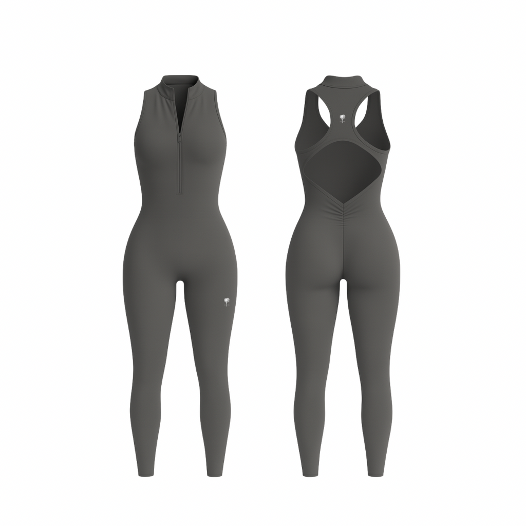 The Palm — SecondSkin Flow Duo in gray. Sculpting one-piece with a breathable open-back design and four-way stretch fabric. Seamless, soft, and moves with you like a second skin. Made for flow, movement, and confidence.