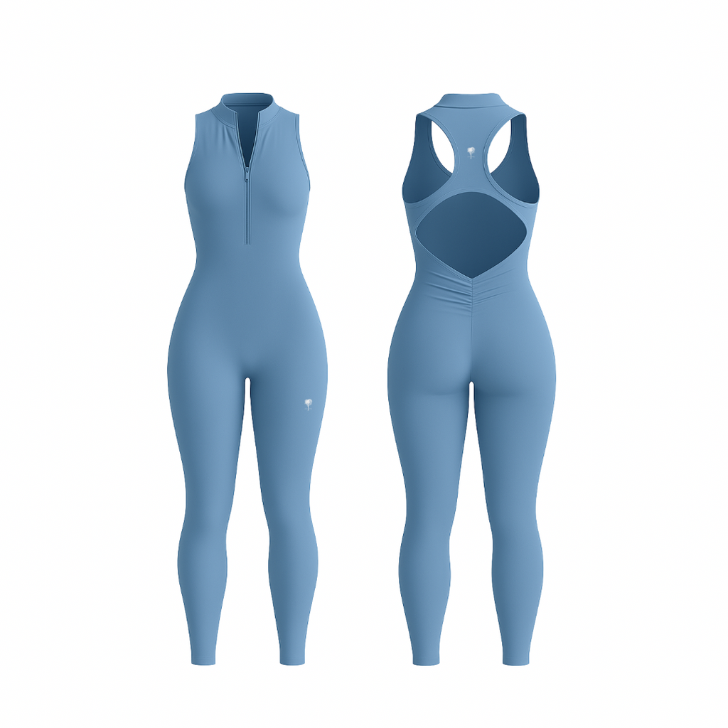 The Palm — SecondSkin Flow Duo in skyblue. Full-length jumpsuit with a sleek front zip and racerback cut-out. Feels like a second skin — smooth, breathable, and supportive in all the right places. Clean lines, bold silhouette, made for movement.