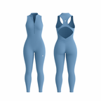 The Palm — SecondSkin Flow Duo in skyblue. Full-length jumpsuit with a sleek front zip and racerback cut-out. Feels like a second skin — smooth, breathable, and supportive in all the right places. Clean lines, bold silhouette, made for movement.