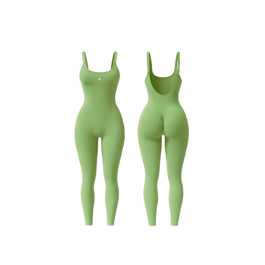 The Palm – ShapeFlex™ Suit in green. Seamless full-length ribbed bodysuit with sculpting compression, four-way stretch, and second-skin fit. Designed to accentuate curves while allowing total freedom of movement, this versatile piece transitions effortlessly from studio to street with moisture-wicking fabric and a sleek, contour-hugging silhouette.