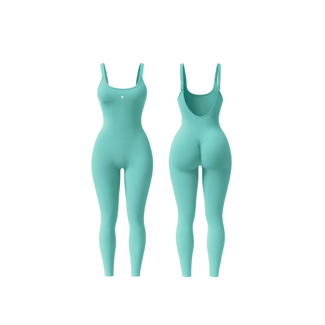 The Palm – ShapeFlex™ Suit in mint green. Seamless full-length ribbed bodysuit with sculpting compression, four-way stretch, and second-skin fit. Designed to accentuate curves while allowing total freedom of movement, this versatile piece transitions effortlessly from studio to street with moisture-wicking fabric and a sleek, contour-hugging silhouette.