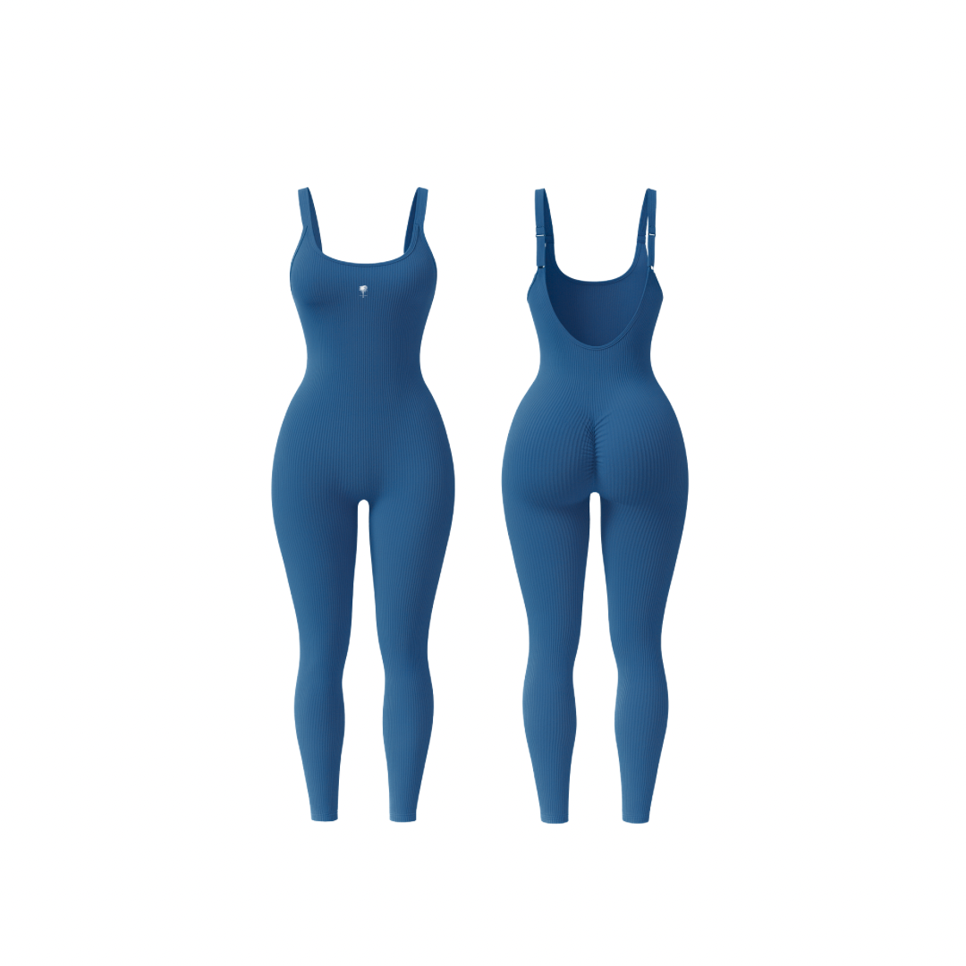 The Palm – ShapeFlex™ Suit in navy. Seamless full-length ribbed bodysuit with sculpting compression, four-way stretch, and second-skin fit. Designed to accentuate curves while allowing total freedom of movement, this versatile piece transitions effortlessly from studio to street with moisture-wicking fabric and a sleek, contour-hugging silhouette.