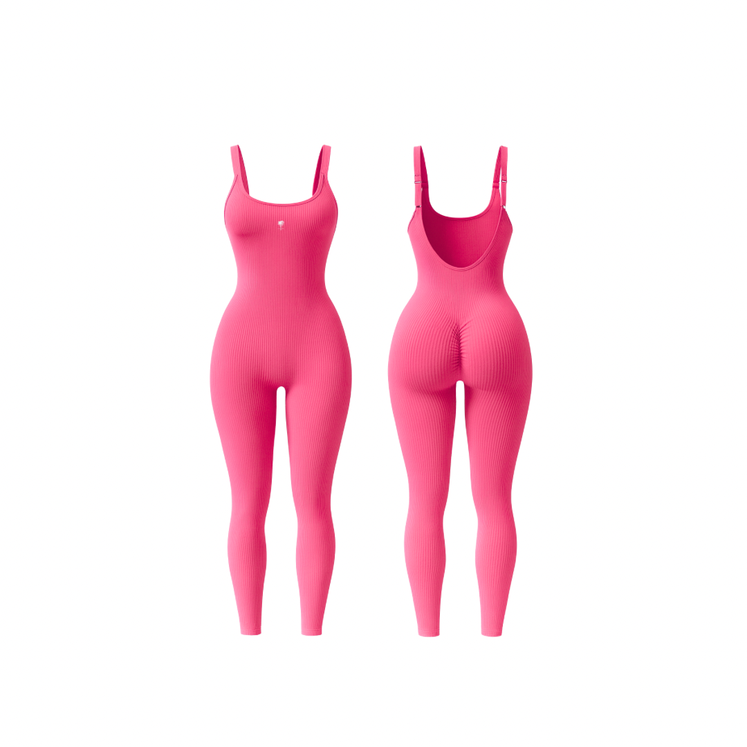 The Palm – ShapeFlex™ Suit in pink heat. Seamless full-length ribbed bodysuit with sculpting compression, four-way stretch, and second-skin fit. Designed to accentuate curves while allowing total freedom of movement, this versatile piece transitions effortlessly from studio to street with moisture-wicking fabric and a sleek, contour-hugging silhouette.
