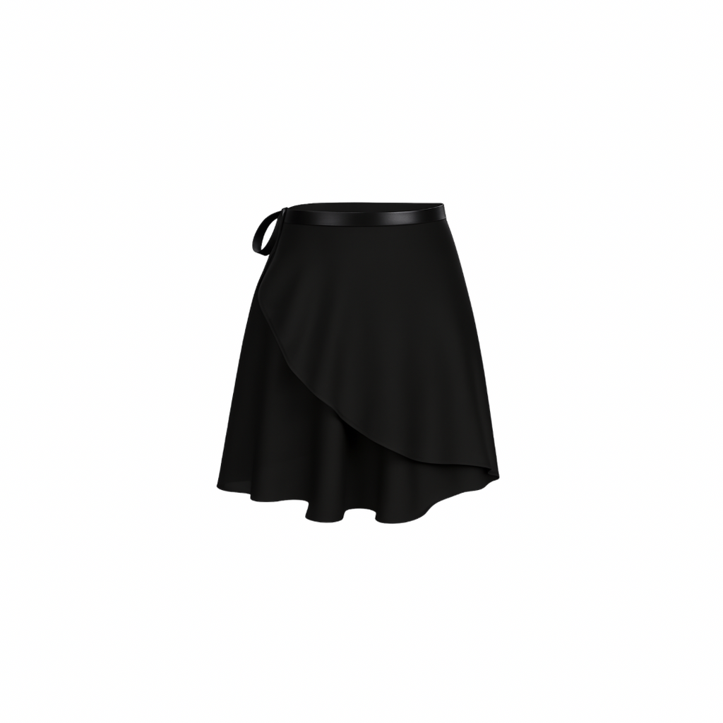 The Palm – SilkWave™ Skirt in jet black. Elegant wrap-style skirt crafted from a silky soft, lightweight fabric that flows beautifully with every movement. Designed with a flattering drape and adjustable tie waist, it’s perfect for layering over activewear or styling as a chic everyday piece.