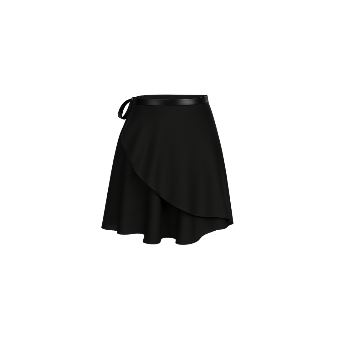 The Palm – SilkWave™ Skirt in jet black. Elegant wrap-style skirt crafted from a silky soft, lightweight fabric that flows beautifully with every movement. Designed with a flattering drape and adjustable tie waist, it’s perfect for layering over activewear or styling as a chic everyday piece.