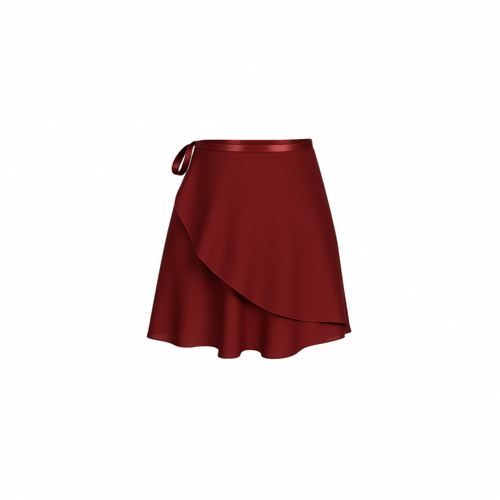 The Palm – SilkWave™ Skirt in red. Elegant wrap-style skirt crafted from a silky soft, lightweight fabric that flows beautifully with every movement. Designed with a flattering drape and adjustable tie waist, it’s perfect for layering over activewear or styling as a chic everyday piece.