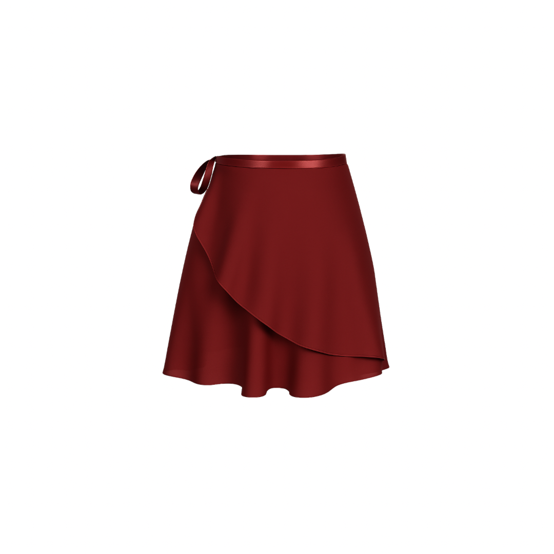 The Palm – SilkWave™ Skirt in red. Elegant wrap-style skirt crafted from a silky soft, lightweight fabric that flows beautifully with every movement. Designed with a flattering drape and adjustable tie waist, it’s perfect for layering over activewear or styling as a chic everyday piece.