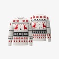 The Palm SnowGlow Sweater in White — plush winter knit with red and charcoal Nordic-inspired detailing and relaxed unisex fit.