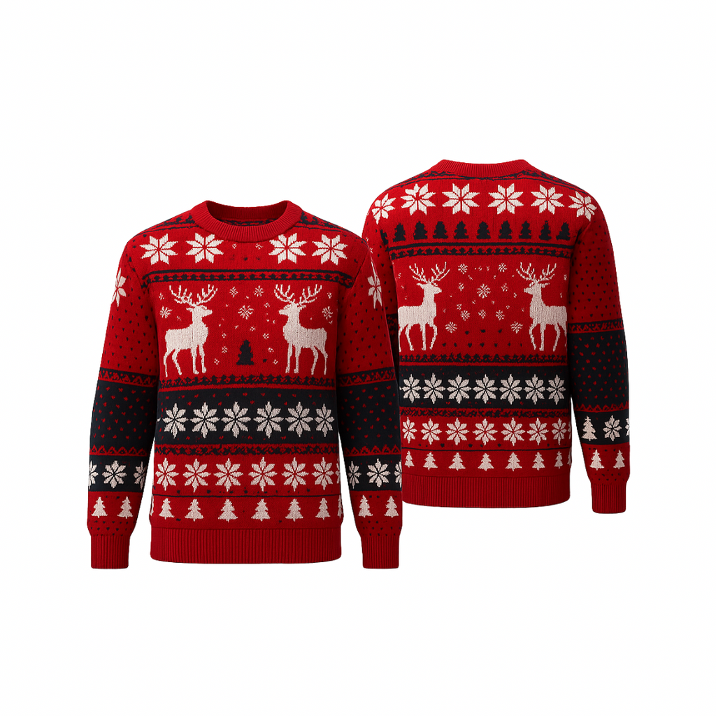 A red SnowGlow™ holiday sweater from The Palm, featuring soft knit texture with reindeer and snowflake details, shown from front and back on a clean white background.