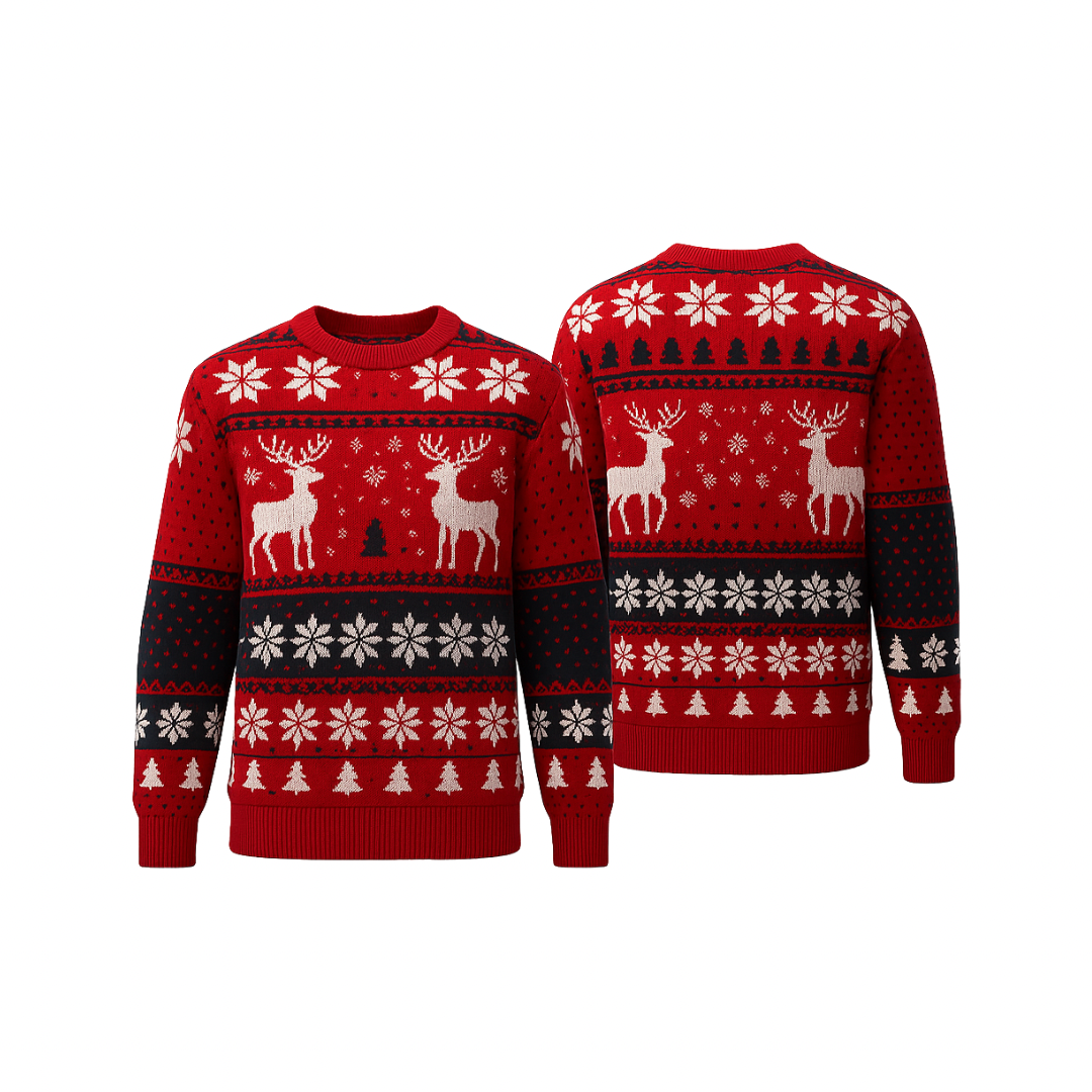 A red SnowGlow™ holiday sweater from The Palm, featuring soft knit texture with reindeer and snowflake details, shown from front and back on a clean white background.