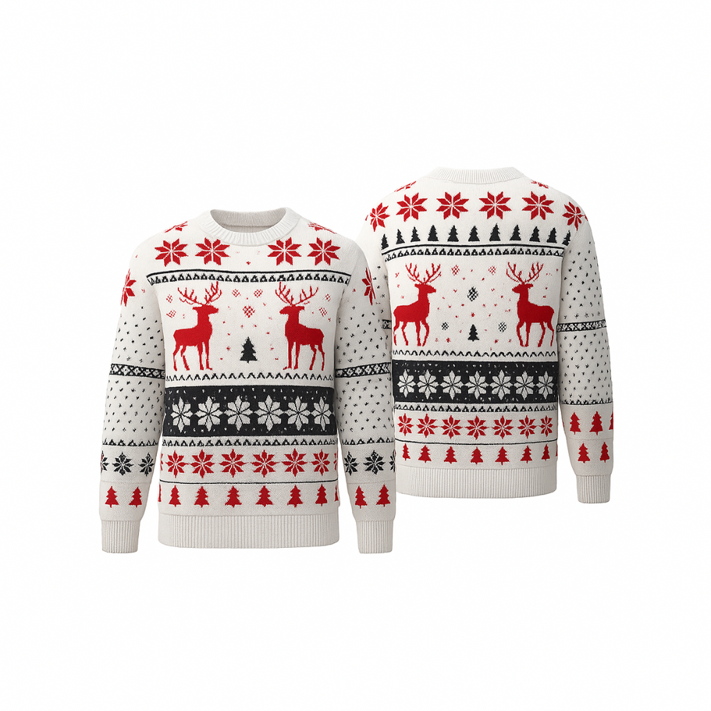 A white SnowGlow™ holiday sweater from The Palm, featuring soft knit texture with reindeer and snowflake details, shown from front and back on a clean white background.