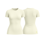 The Palm – SoftForm™ Sculpt Tee in beige. Sculpting fit with a buttery-soft, breathable feel. Shown from front and back on a white background. Minimal seams, clean silhouette, designed to move with you.