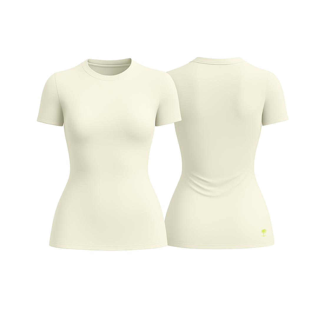 The Palm – SoftForm™ Sculpt Tee in beige. Sculpting fit with a buttery-soft, breathable feel. Shown from front and back on a white background. Minimal seams, clean silhouette, designed to move with you.