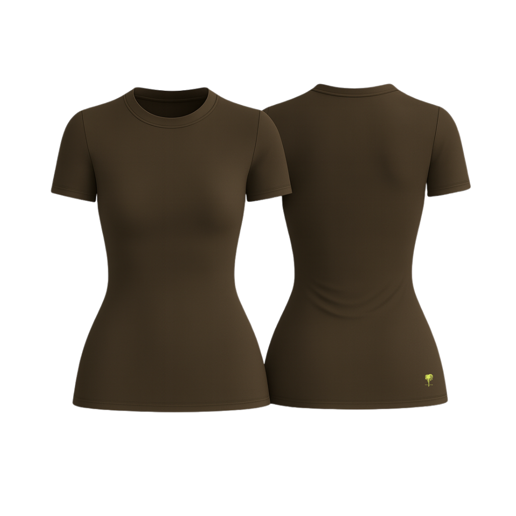 The Palm – SoftForm™ Sculpt Tee in brown. Sculpting fit with a buttery-soft, breathable feel. Shown from front and back on a white background. Minimal seams, clean silhouette, designed to move with you.