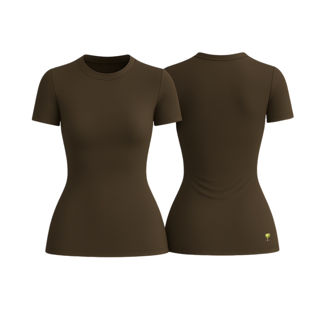 The Palm – SoftForm™ Sculpt Tee in brown. Sculpting fit with a buttery-soft, breathable feel. Shown from front and back on a white background. Minimal seams, clean silhouette, designed to move with you.