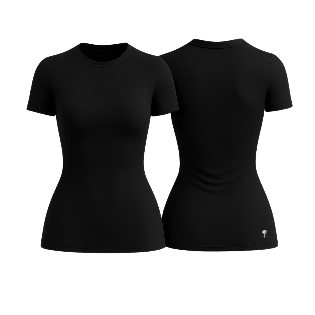 The Palm – SoftForm™ Sculpt Tee in jet black. Displayed from front and back on a white background. Seamless, form-fitting design with a sleek silhouette. Crafted for comfort, support, and timeless minimalism.