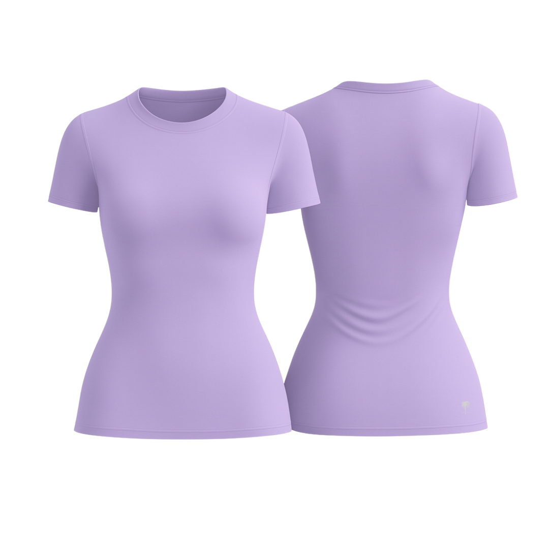 The Palm – SoftForm™ Sculpt Tee in soft lavender. Shown from front and back on a white background. Made from breathable, second-skin stretch fabric for a sculpting fit and seamless silhouette. Elegant, minimal, and effortlessly wearable.