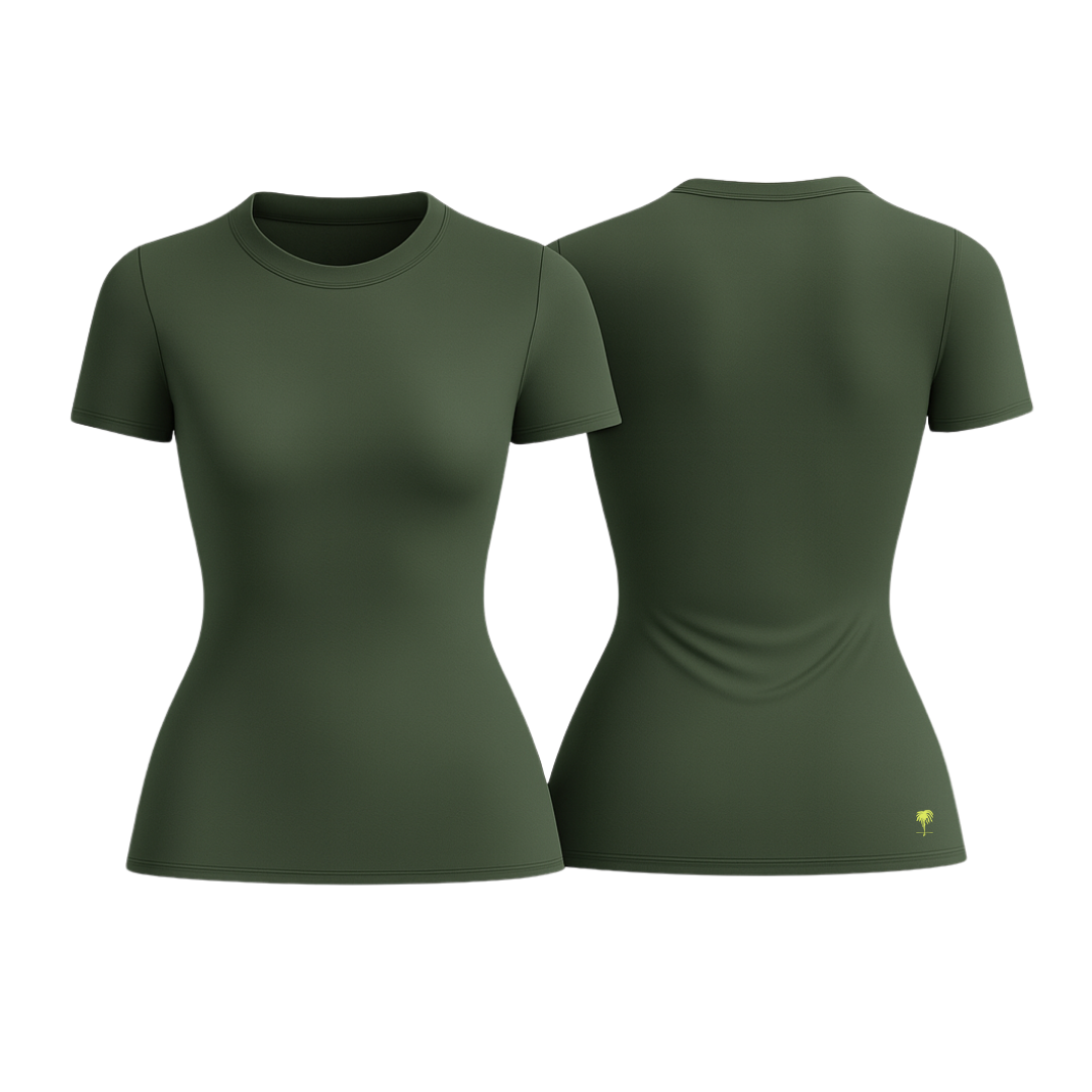 The Palm – SoftForm™ Sculpt Tee in palm leaf. A seamless, form-fitting tee crafted from soft stretch fabric that smooths and defines the body. Lightweight, breathable, and designed for effortless movement.