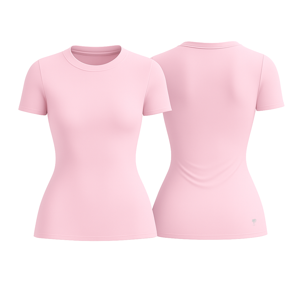 The Palm – SoftForm™ Sculpt Tee in pink. Displayed from front and back on a white background. Seamless, form-fitting design with a sleek silhouette. Crafted for comfort, support, and timeless minimalism.