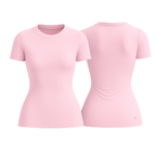 The Palm – SoftForm™ Sculpt Tee in pink. Displayed from front and back on a white background. Seamless, form-fitting design with a sleek silhouette. Crafted for comfort, support, and timeless minimalism.