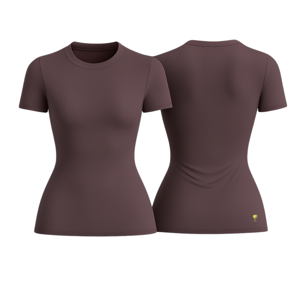 The Palm – SoftForm™ Sculpt Tee in rose gold. Shown from front and back on a white background. Breathable, seamless, second-skin fit crafted to flatter and move with your body. Feminine tone, ideal for everyday layering or studio wear.
