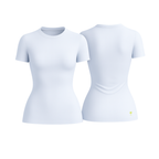 The Palm – SoftForm™ Sculpt Tee in sky blue. Shown from front and back on a white background. Breathable, seamless, second-skin fit crafted to flatter and move with your body. Feminine tone, ideal for everyday layering or studio wear.