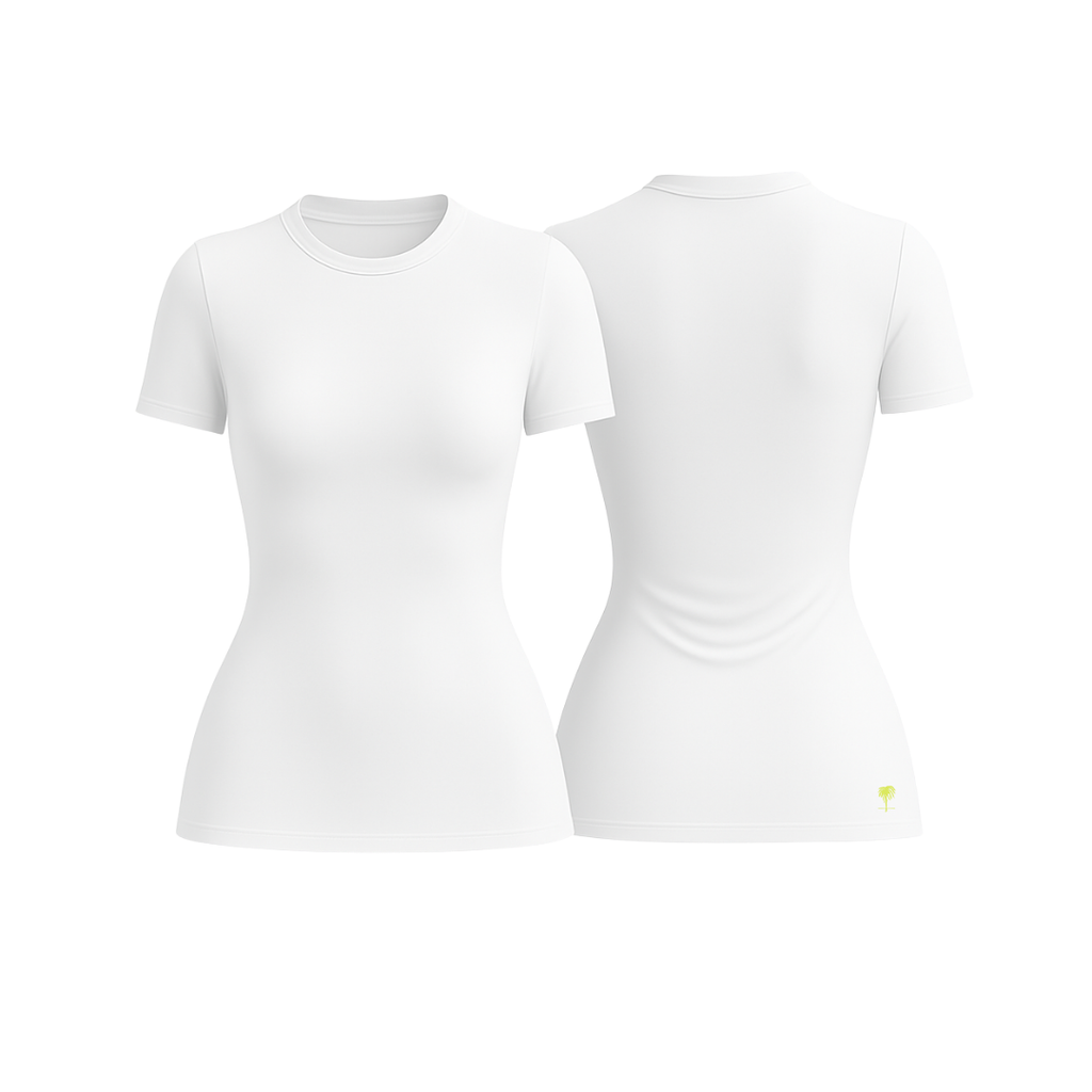 The Palm – SoftForm™ Sculpt Tee in white. Designed for movement and breathability with a second-skin feel. Made from soft-touch, seamless fabric with light stretch for a flattering, sculpted fit. Minimalist design, perfect for layering or wearing solo.