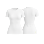 The Palm – SoftForm™ Sculpt Tee in white. Designed for movement and breathability with a second-skin feel. Made from soft-touch, seamless fabric with light stretch for a flattering, sculpted fit. Minimalist design, perfect for layering or wearing solo.