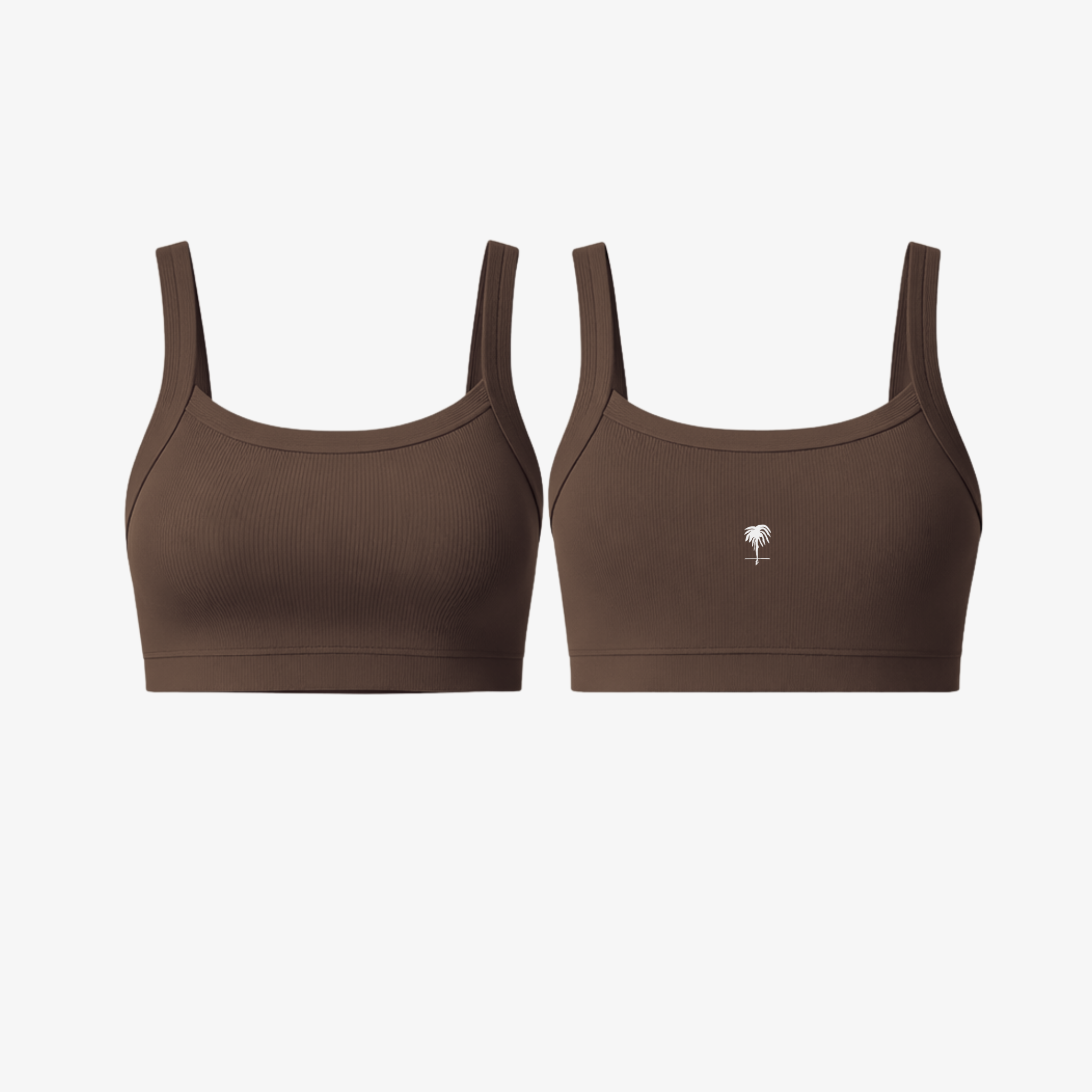 The Palm SoftRib™ Top in cocoa brown, front view showcasing a smooth ribbed texture and minimalist silhouette.