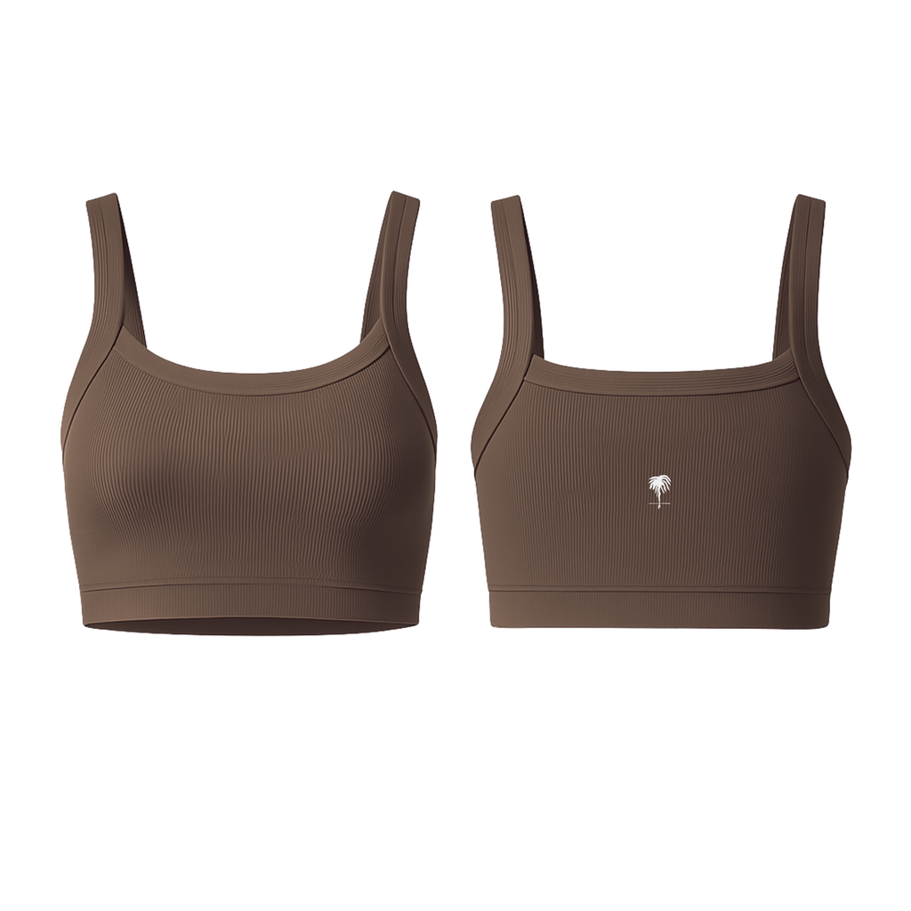 The Palm SoftRib™ Top in cocoa brown, featuring a soft ribbed texture and a smooth, supportive fit on a clean white background. Minimal, sculpting, and designed for everyday movement.