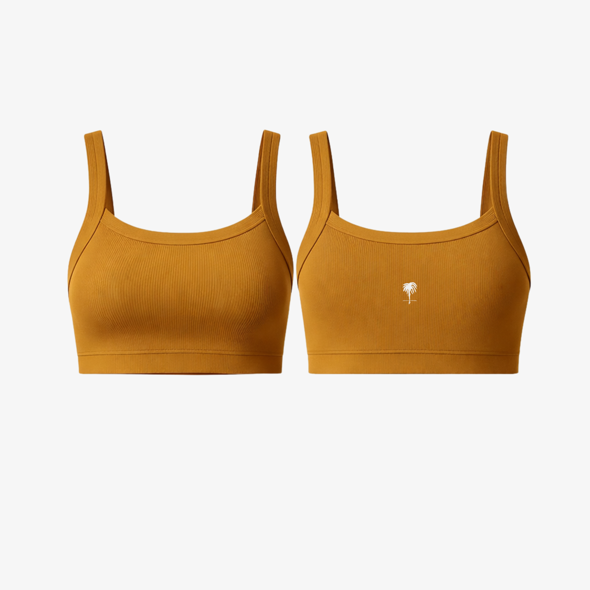 The Palm SoftRib™ Top in honey, front view showcasing a smooth ribbed texture and minimalist silhouette.