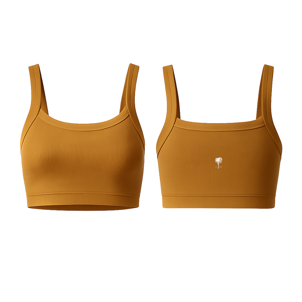 The Palm SoftRib™ Top in honey gold, featuring a soft ribbed texture and a smooth, supportive fit on a clean white background. Minimal, sculpting, and designed for everyday movement.
