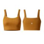 The Palm SoftRib™ Top in honey gold, featuring a soft ribbed texture and a smooth, supportive fit on a clean white background. Minimal, sculpting, and designed for everyday movement.
