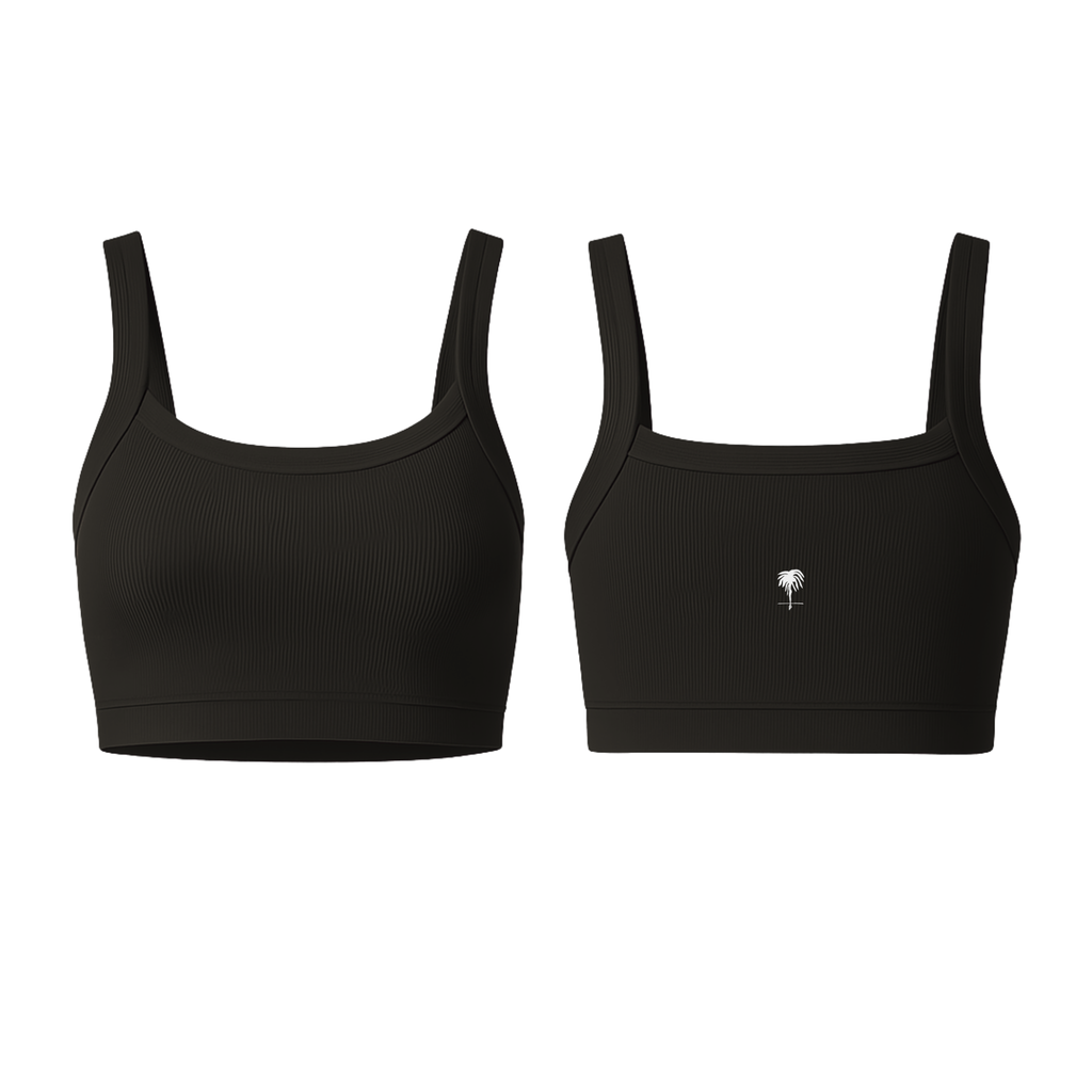 The Palm SoftRib™ Top in jet black, featuring a soft ribbed texture and a smooth, supportive fit on a clean white background. Minimal, sculpting, and designed for everyday movement.
