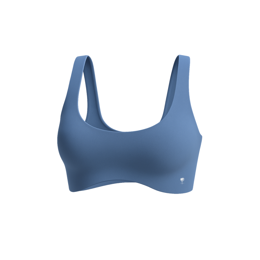 The Palm — SoftSculpt Bra in sky blue. Seamless and sculpting with a second-skin feel, flattering scoop neckline, and wide straps. Designed to support and move with you.
