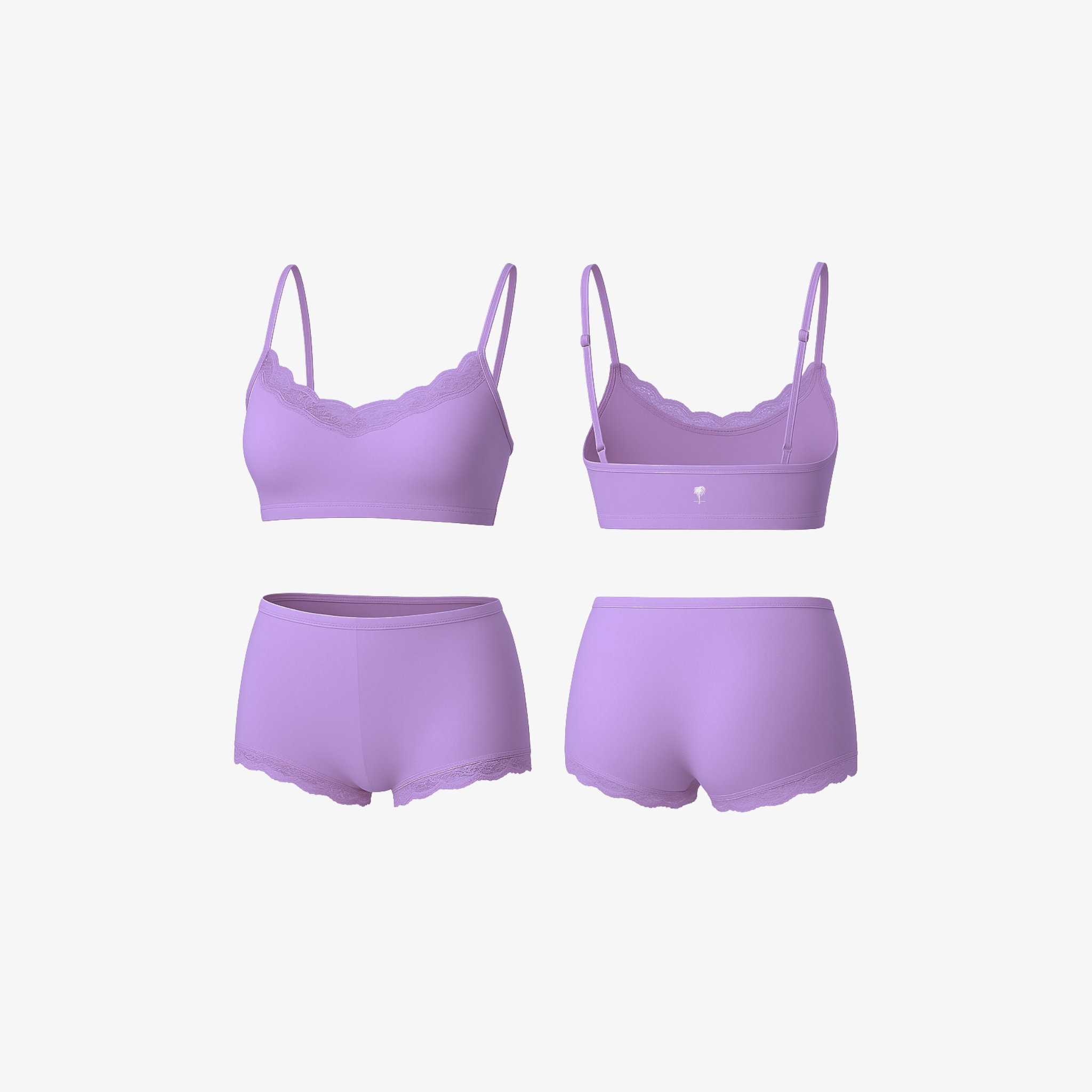 The Palm SoftSculpt™ set in Lilac Bloom. Seamless bralette and mid-rise shorts crafted from smooth stretch fabric with a sculpting, second-skin fit and delicate scalloped trim.
