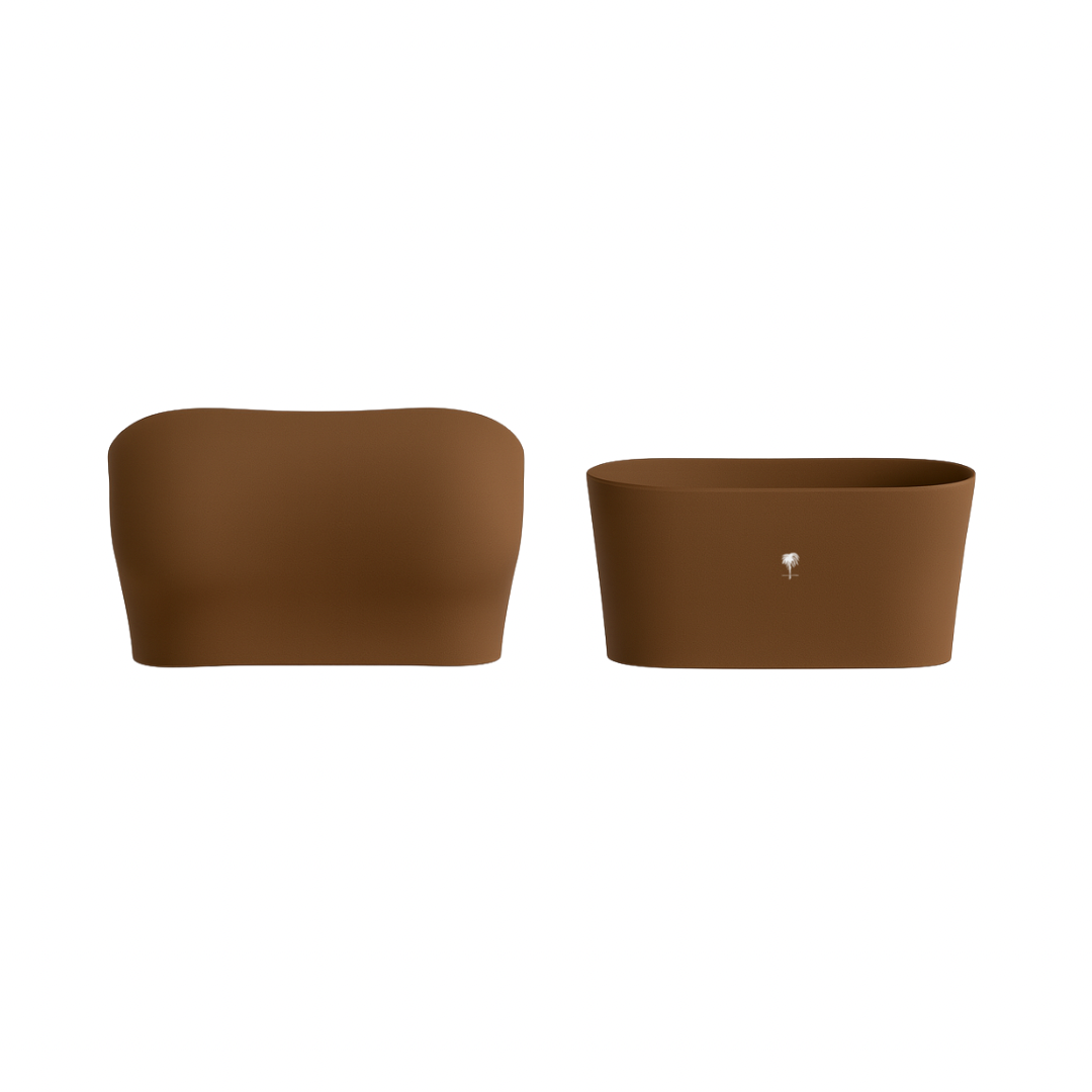 The Palm – SoftSculpt™ Strapless in coffee brown. Minimalist strapless top crafted from seamless, soft-touch fabric with light stretch for a flattering, sculpted fit. Perfect for layering or wearing solo.