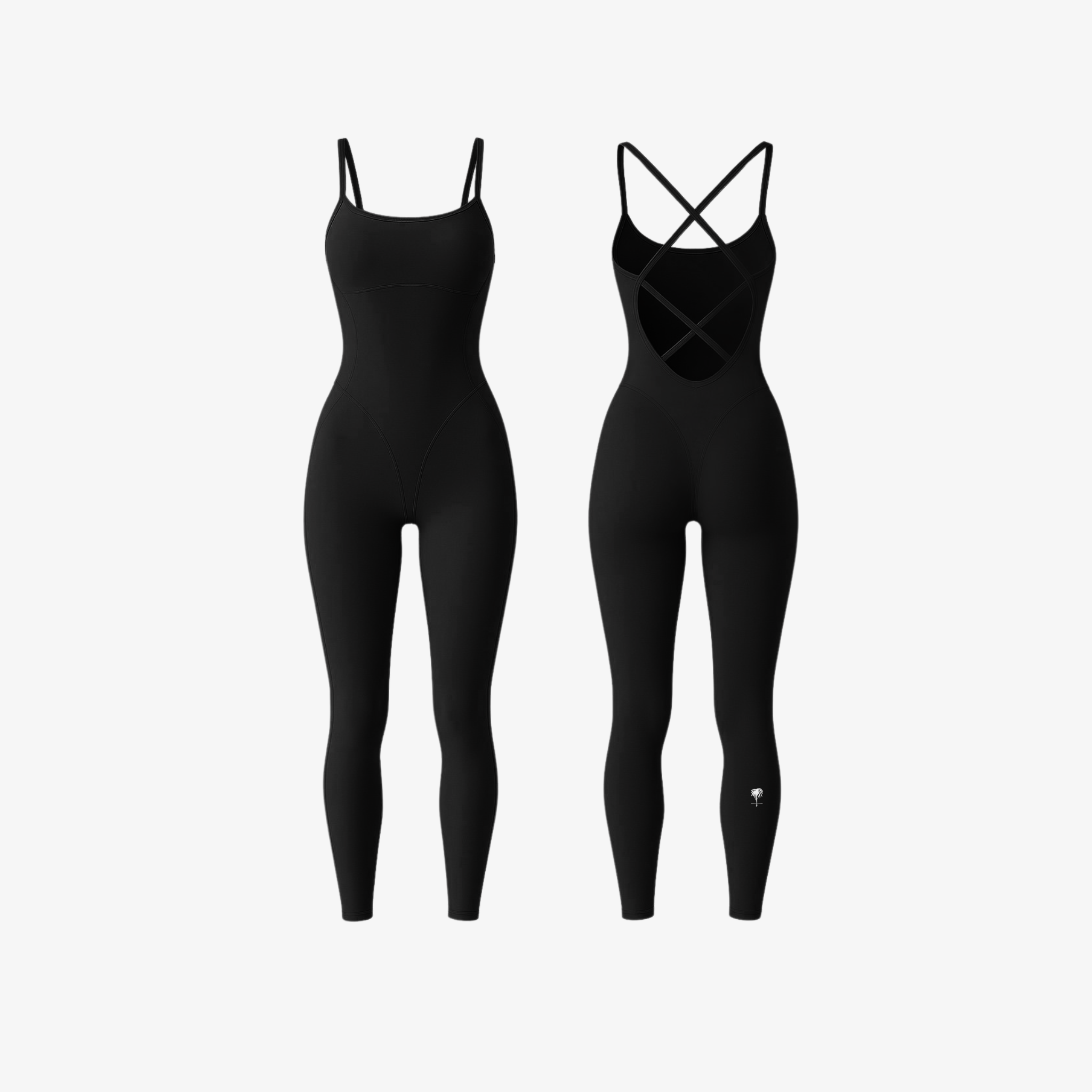 StrapSculpt™ Jumpsuit by The Palm in Jet Black. A sculpting, breathable nylon-spandex one-piece with delicate spaghetti straps and an open cross-back design, crafted for a smooth, elongated silhouette. 