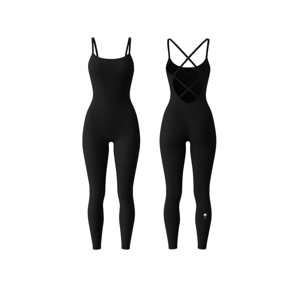 The Palm StrapSculpt™ Jumpsuit in jet black, featuring a contoured fit, sculpting seams, and criss-cross back straps. A sleek, body-hugging silhouette designed for everyday movement and elevated comfort.