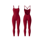 The Palm StrapSculpt™ Jumpsuit in red, featuring a contoured fit, sculpting seams, and criss-cross back straps. A sleek, body-hugging silhouette designed for everyday movement and elevated comfort.