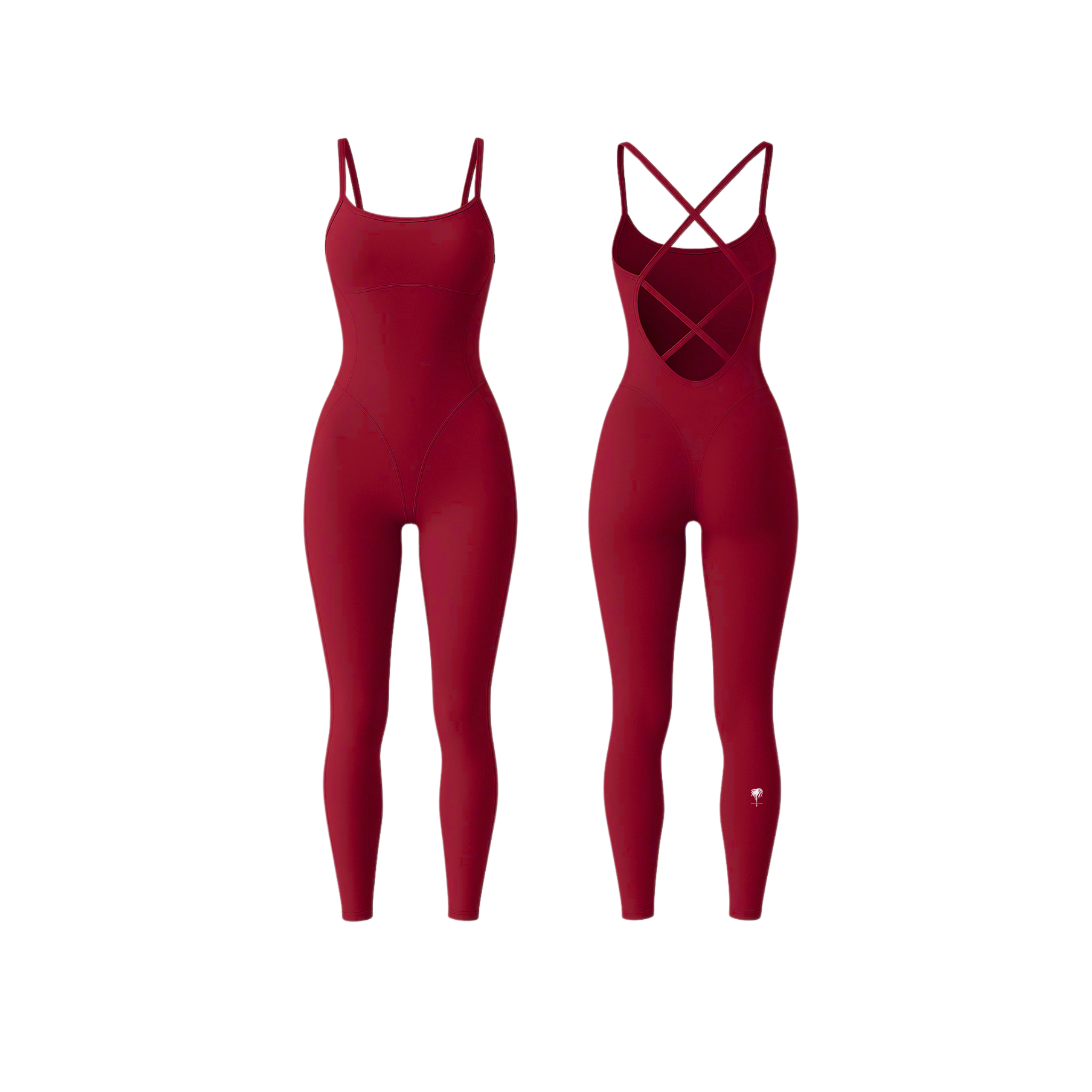 The Palm StrapSculpt™ Jumpsuit in red, featuring a contoured fit, sculpting seams, and criss-cross back straps. A sleek, body-hugging silhouette designed for everyday movement and elevated comfort.