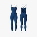StrapSculpt™ Jumpsuit by The Palm in Deep Blue. A sculpting, breathable nylon-spandex one-piece with delicate spaghetti straps and an open cross-back design, crafted for a smooth, elongated silhouette.