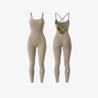 StrapSculpt™ Jumpsuit by The Palm in Soft Beige. A sculpting, breathable nylon-spandex one-piece with delicate spaghetti straps and an open cross-back design, crafted for a smooth, elongated silhouette.