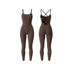 he Palm StrapSculpt™ Jumpsuit in rich mocha brown, featuring a contoured fit, sculpting seams, and criss-cross back straps. A sleek, body-hugging silhouette designed for everyday movement and elevated comfort.