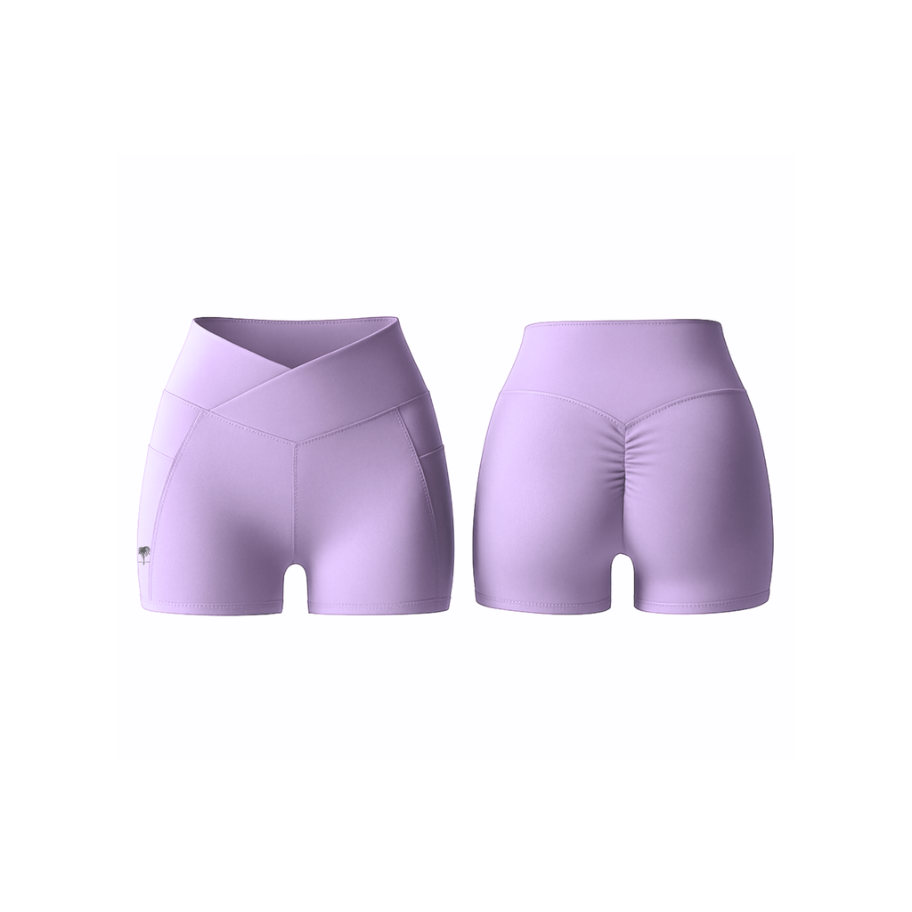 The Palm V-Waist™ Short in lavander milk, featuring a sculpting crossover waistband and smooth second-skin stretch fabric, shown from front and back