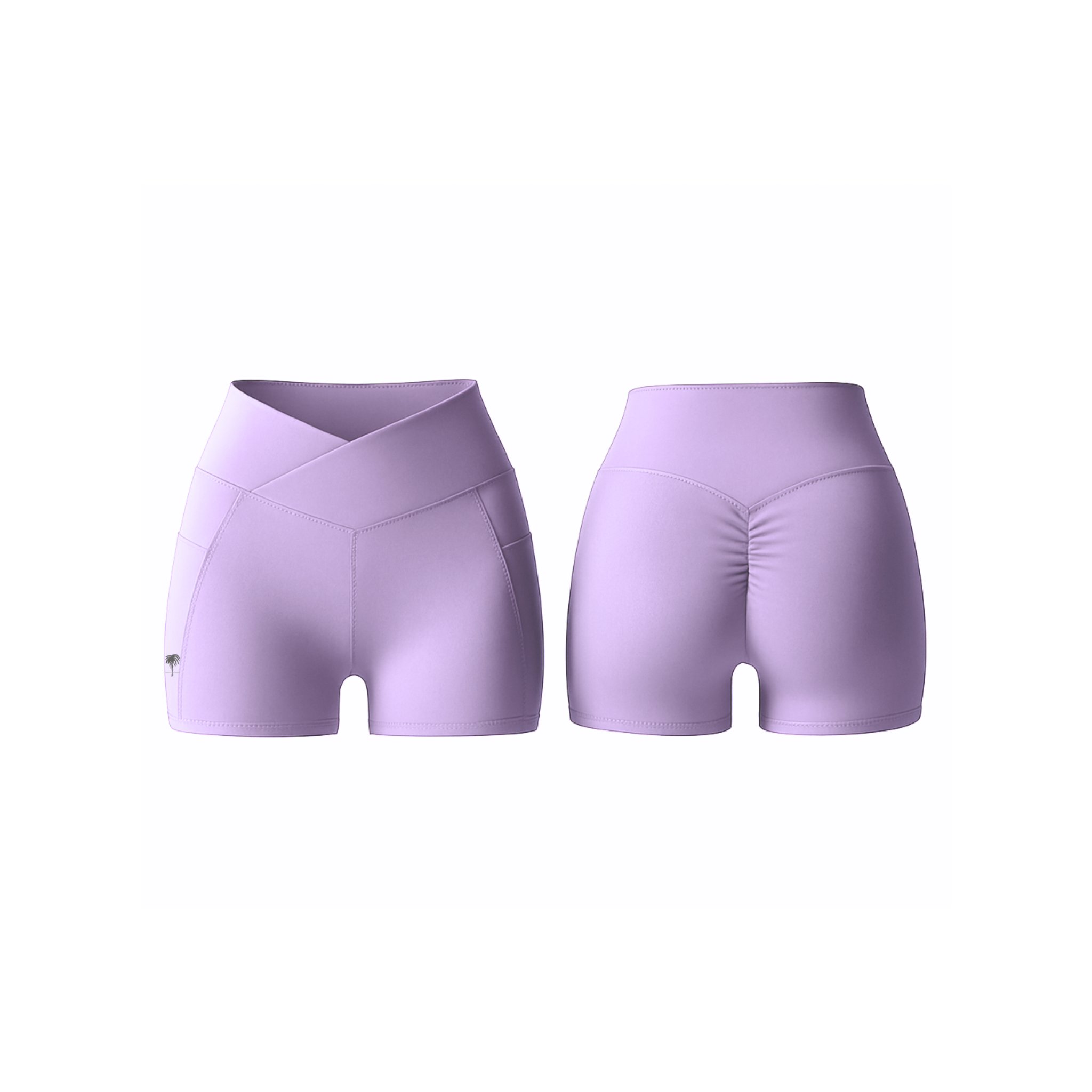 The Palm V-Waist™ Short in lavander milk, featuring a sculpting crossover waistband and smooth second-skin stretch fabric, shown from front and back