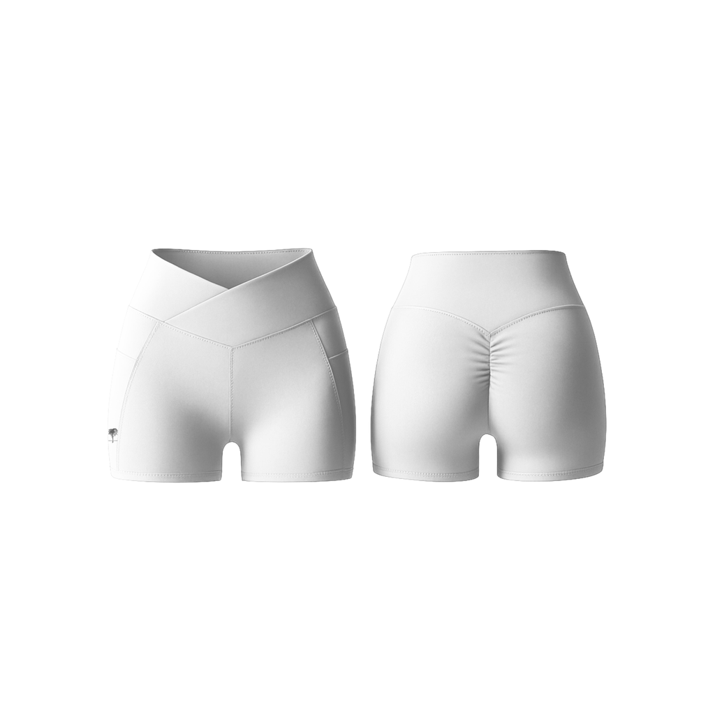The Palm V-Waist™ Short in white, featuring a sculpting crossover waistband and smooth second-skin stretch fabric, shown from front and back
