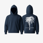 The Palm WarmFlex™ Hoodie in Deep Navy with signature white palm logo, shown from front and back view.